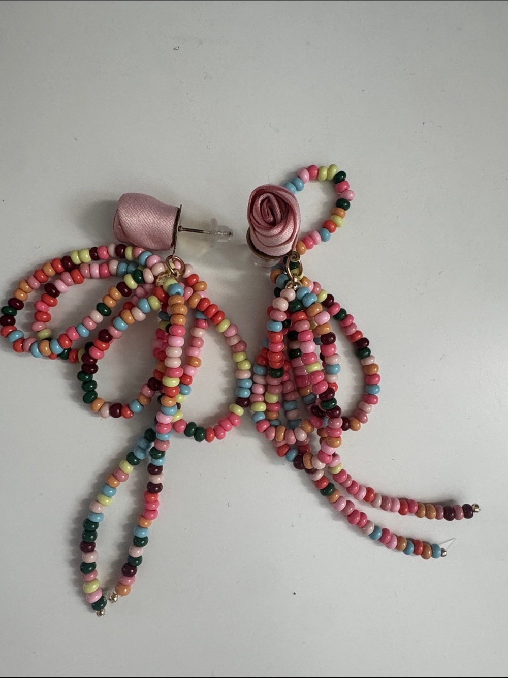 Colorful Beaded Tassel Earrings with Pink Rose Accent